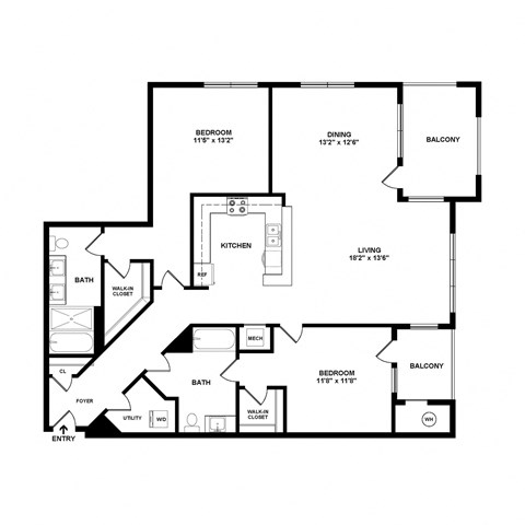 Floor plan for 2 beds, 2 baths, 1482 sqft